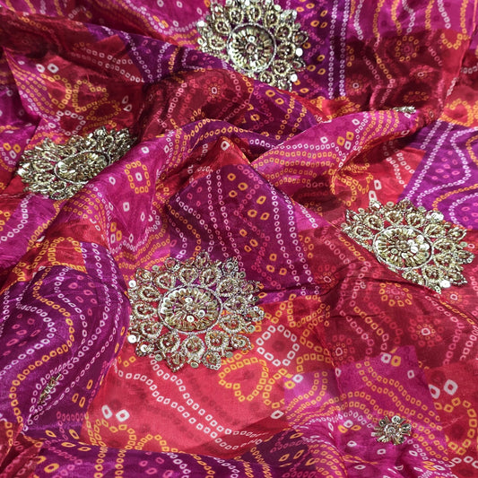 Hot Pink Bandhani Print Organza Fabric with Plain Silk Fabric Indian Dress Saree Craft Material 44" By the Meter