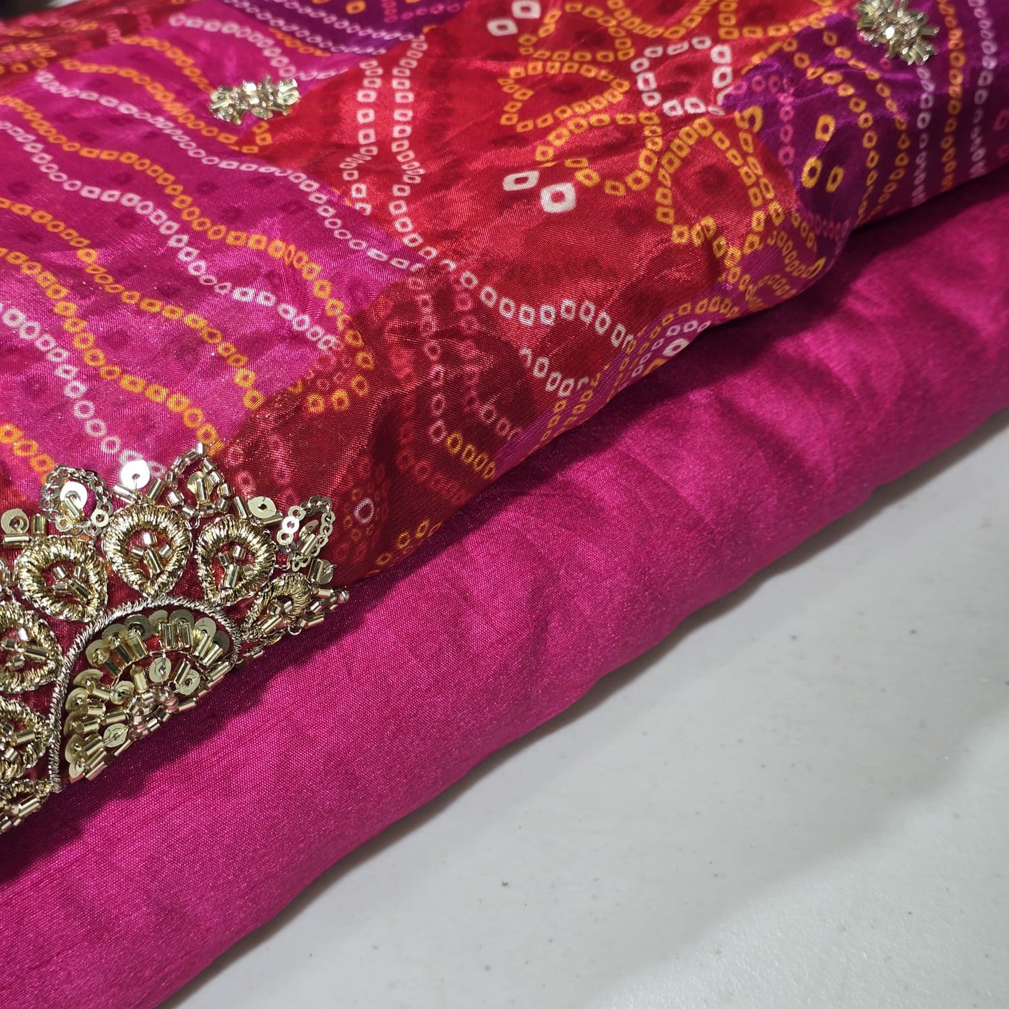 Hot Pink Bandhani Print Organza Fabric with Plain Silk Fabric Indian Dress Saree Craft Material 44" By the Meter