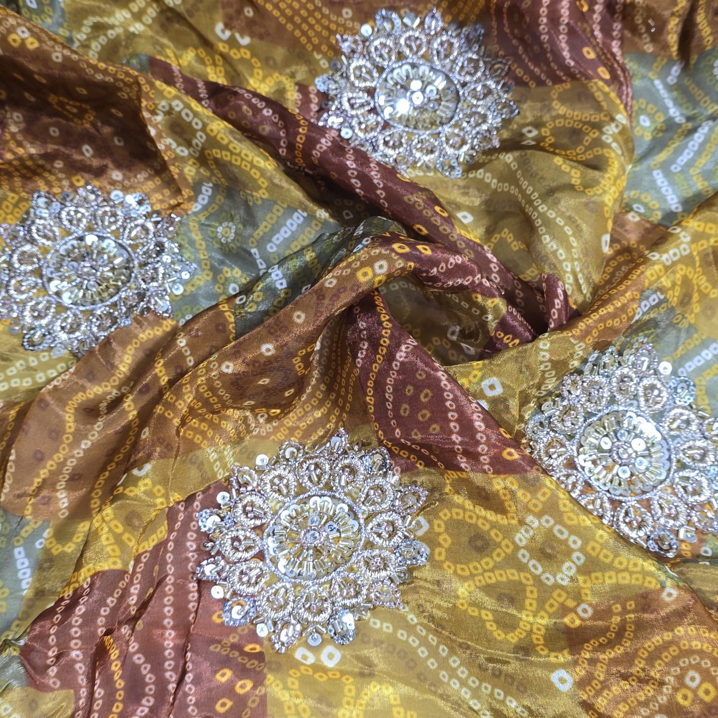 Brown Bandhani Print Organza Fabric with Plain Silk Fabric Indian Dress Saree Craft Material 44" By the Meter