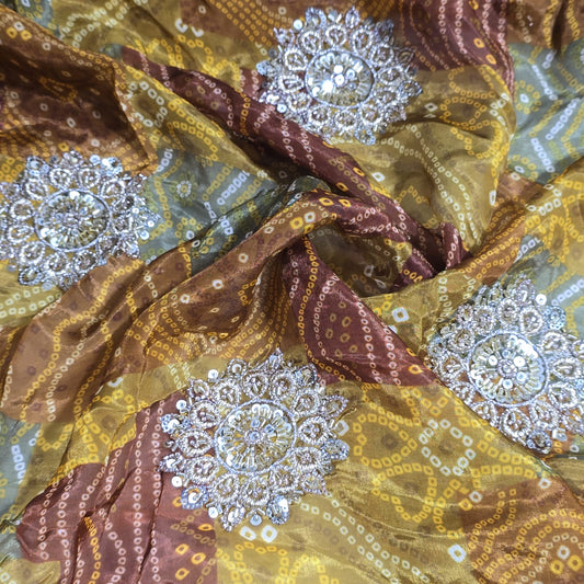 Brown Bandhani Print Organza Fabric with Plain Silk Fabric Indian Dress Saree Craft Material 44" By the Meter