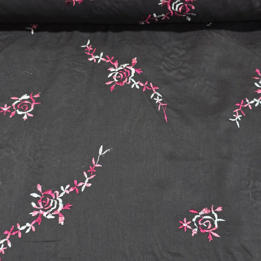 Black Luxury Embroidered Cotton Lawn Fabric Floral Dress Craft Material 58” Wide By The Metre