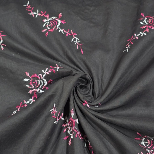 Black Luxury Embroidered Cotton Lawn Fabric Floral Dress Craft Material 58” Wide By The Metre