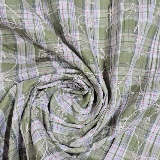 Olive Green Plaid Embroidery 100% Cotton Crush Fabric Crinkle Craft Dress Costume Material 50 " By The Meter