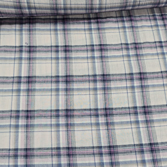 Pink Blue Tartan Check 100% Cotton Crush Fabric Crinkle Craft Dress Costume Material 50 " By The Meter
