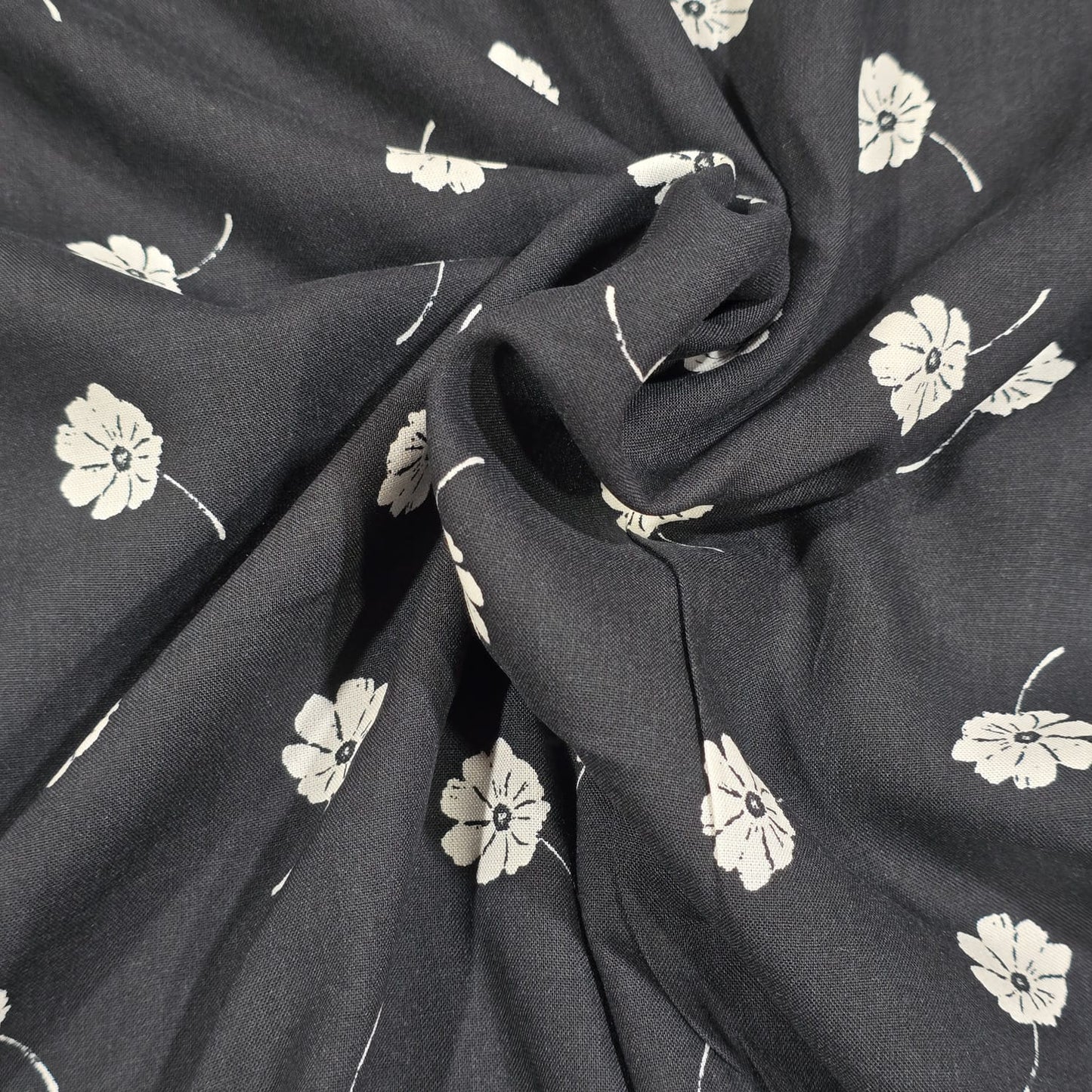 Black & White Floral Viscose Challis Print Fabric 58" By The Meter – Soft Lightweight Fabric