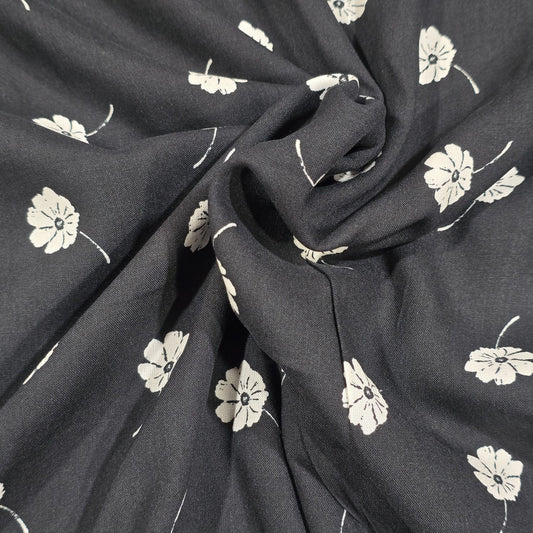 Black & White Floral Viscose Challis Print Fabric 58" By The Meter – Soft Lightweight Fabric