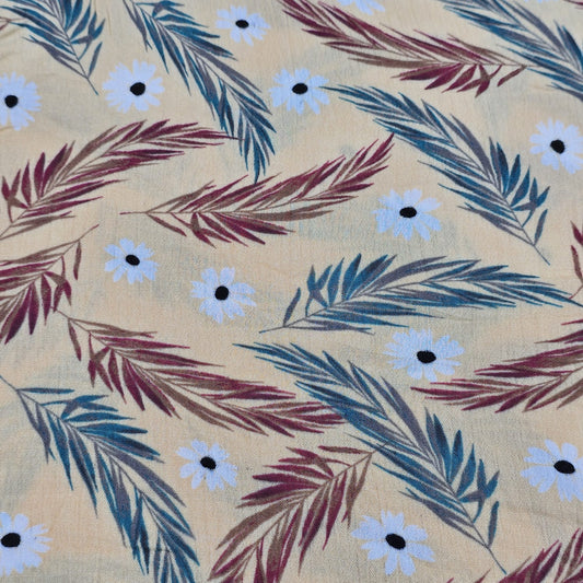 Floral Leaf Viscose Challis Print Fabric 58" By The Meter – Soft Lightweight Botanical Fabric