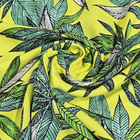 Tropical Leaf Viscose Challis Print Fabric 58" By The Meter – Lightweight Botanical Fabric