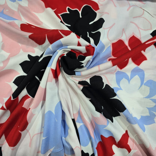 Viscose Challis White Floral Print Fabric 58" By The Meter