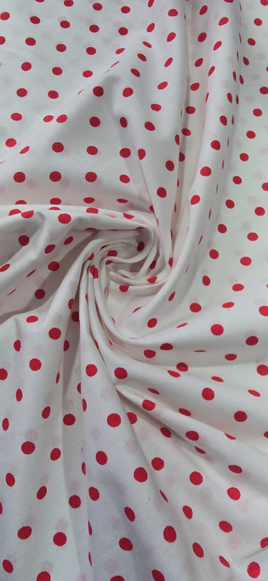 White Red Polka Dot 100% Cotton Poplin Material Dress Craft Costume Fabric 44" By Meter