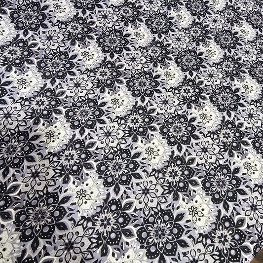 Navy Lilac Bohemian Floral Mandala Viscose Challis Fabric 58" By The Meter Soft Lightweight Material