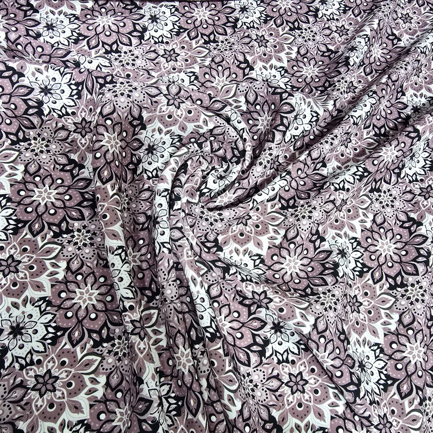 Dusty Mauve Bohemian Floral Mandala Viscose Challis Fabric 58" By The Meter Soft Lightweight Material