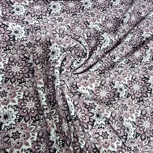 Dusty Mauve Bohemian Floral Mandala Viscose Challis Fabric 58" By The Meter Soft Lightweight Material