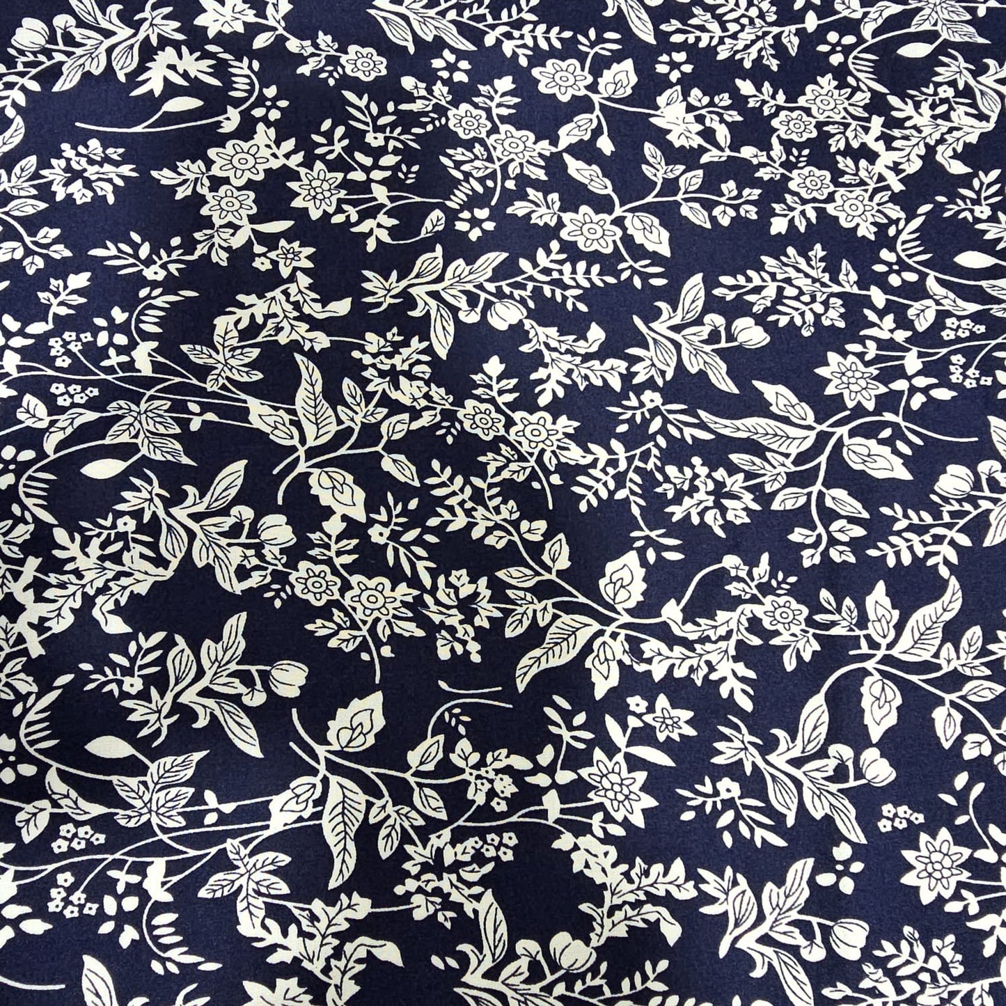 Navy Blue Botanical Vine Floral Viscose Challis Fabric 58" By The Meter Soft Lightweight Material