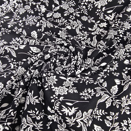 Black Botanical Vine Floral Viscose Challis Fabric 58" By The Meter Soft Lightweight Material