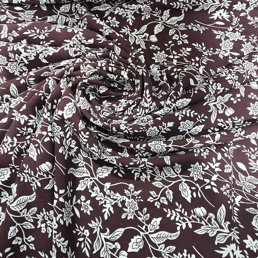 Brown Botanical Vine Floral Viscose Challis Fabric 58" By The Meter Soft Lightweight Material