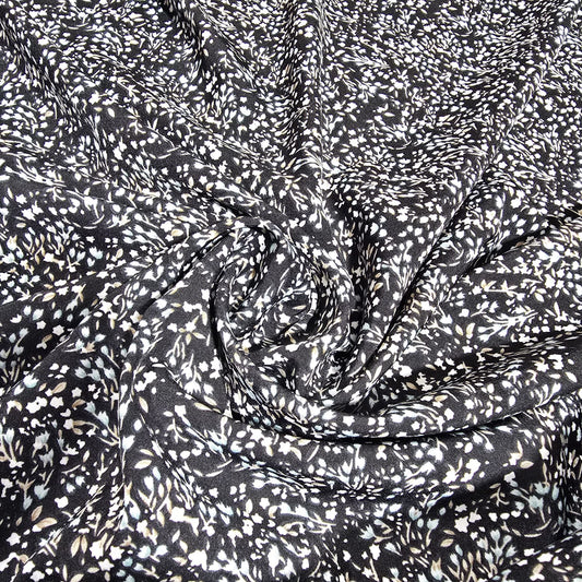 Black Floral Print Viscose Challis Fabric 58" By The Meter Soft Lightweight Material