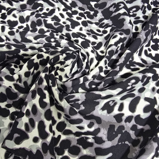 Grey Monochrome Classic Leopard Print Viscose Challis Fabric 58" By The Meter Soft Lightweight Material
