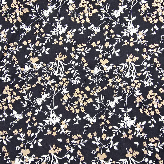 Black Ditsy Meadow Floral Print Viscose Challis Print Fabric 58" By The Meter Soft Lightweight Material