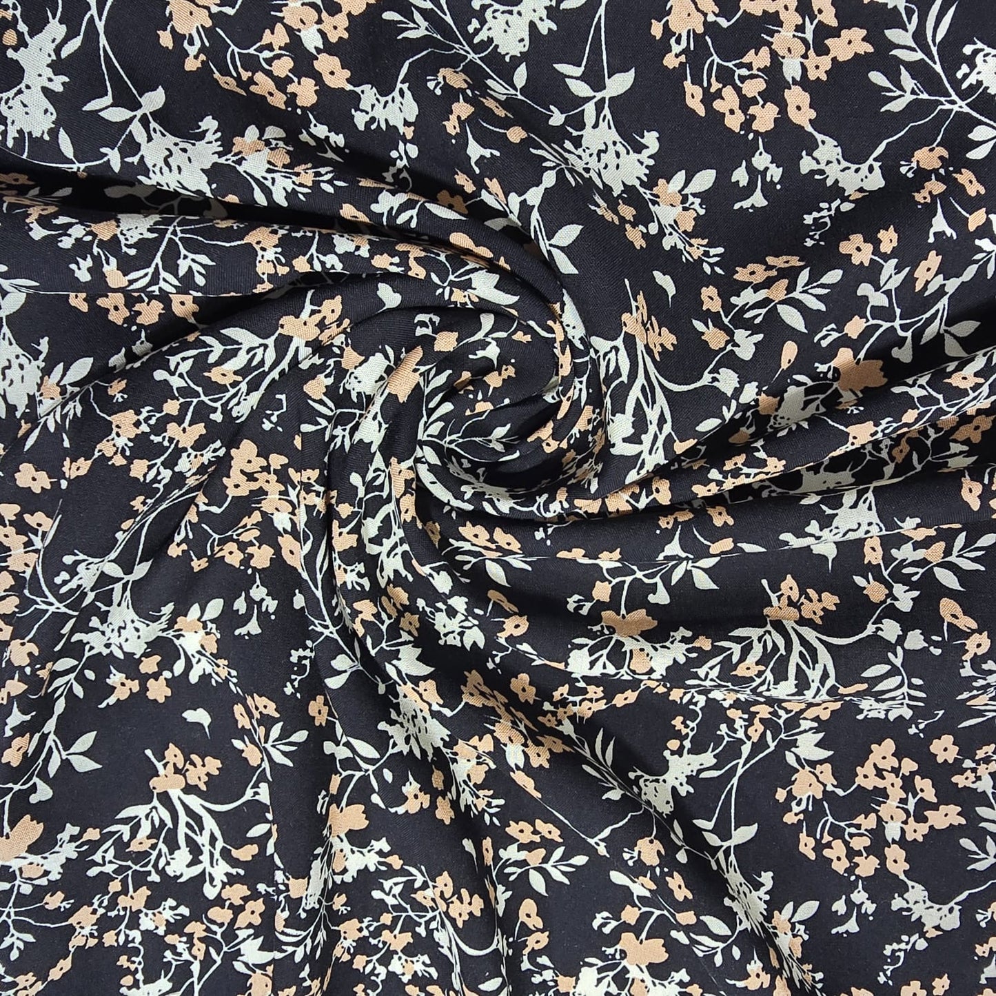 Black Ditsy Meadow Floral Print Viscose Challis Print Fabric 58" By The Meter Soft Lightweight Material