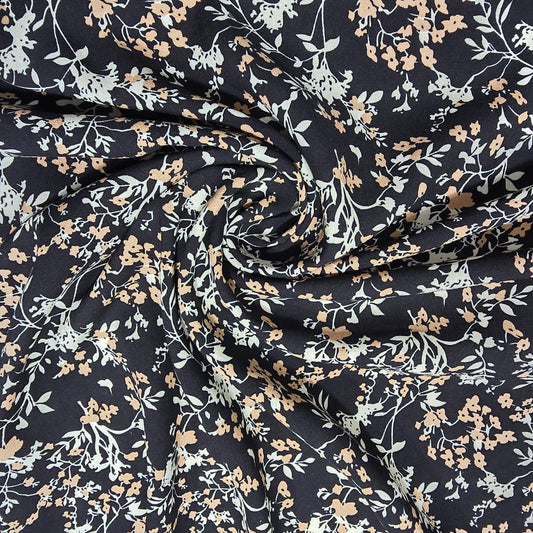 Black Ditsy Meadow Floral Print Viscose Challis Print Fabric 58" By The Meter Soft Lightweight Material