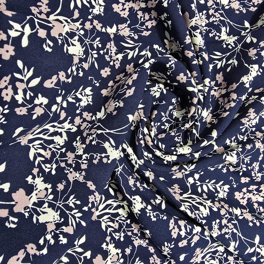 Navy Ditsy Meadow Floral Print Viscose Challis Print Fabric 58" By The Meter Soft Lightweight Material