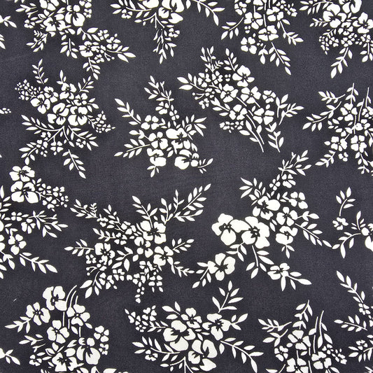 Black Vintage Blossom Bouquet Floral Viscose Challis Print Fabric 58" By The Meter Soft Lightweight Material