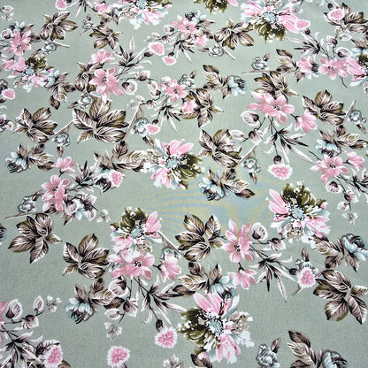 Sage Green Rose Garden Floral Mix & Match Viscose Challis Print & Plain Fabric 58" By The Meter – Soft Lightweight Fabric