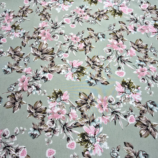 Sage Green Rose Garden Floral Mix & Match Viscose Challis Print & Plain Fabric 58" By The Meter – Soft Lightweight Fabric