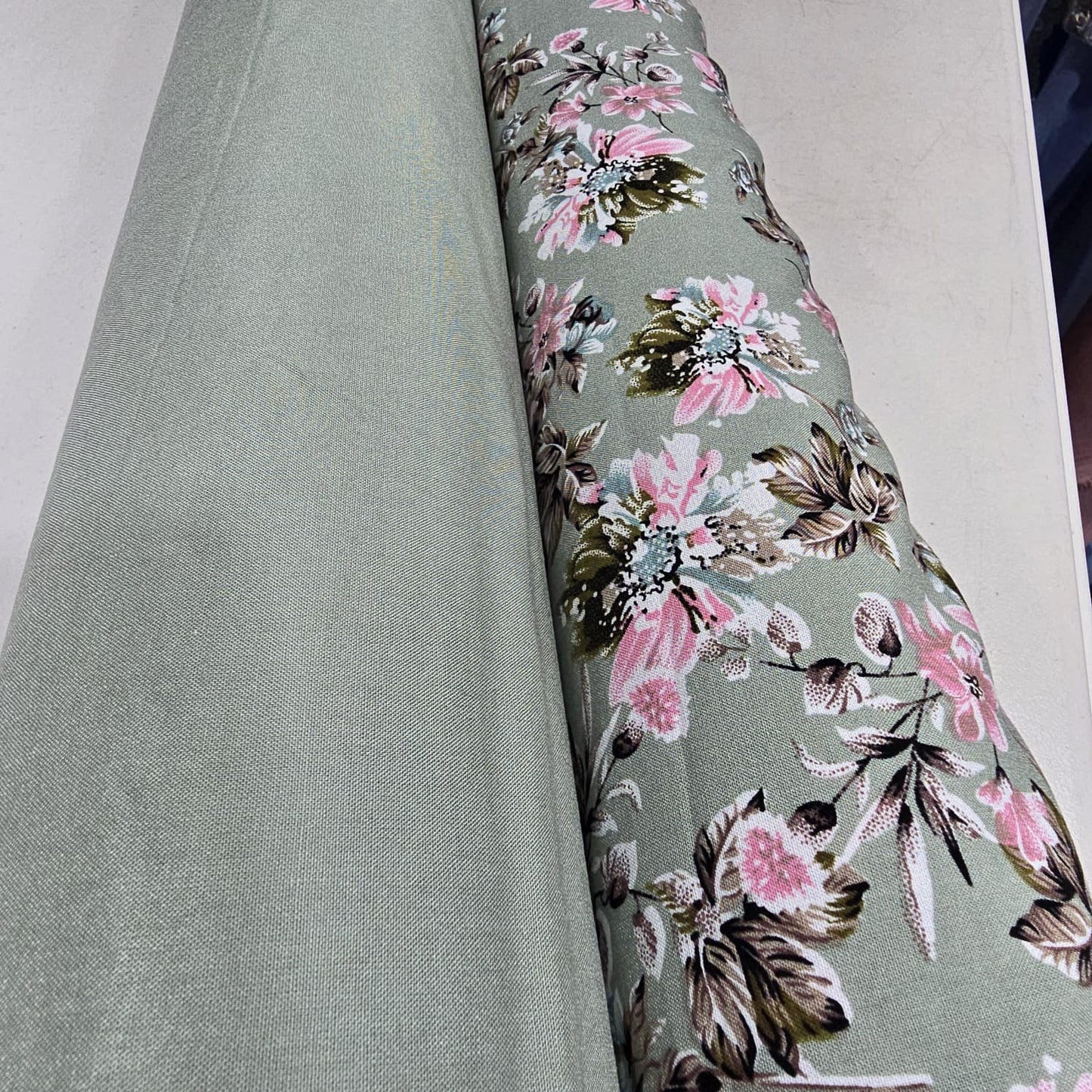 Sage Green Rose Garden Floral Mix & Match Viscose Challis Print & Plain Fabric 58" By The Meter – Soft Lightweight Fabric