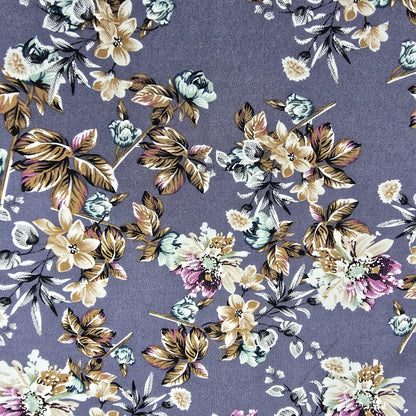 Lavender Rose Garden Floral Mix & Match Viscose Challis Print & Plain Fabric 58" By The Meter – Soft Lightweight Fabric