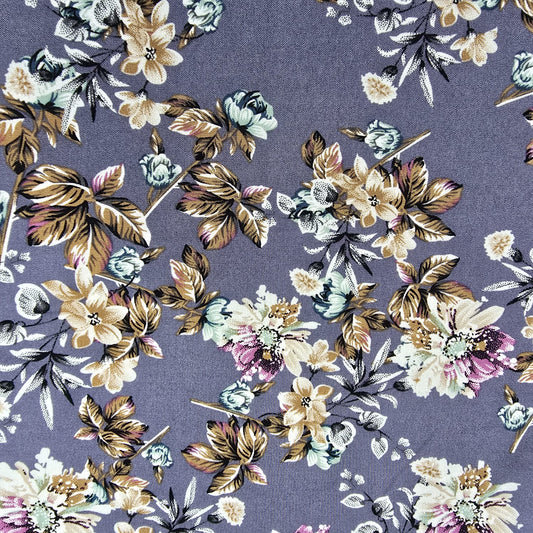 Lavender Rose Garden Floral Mix & Match Viscose Challis Print & Plain Fabric 58" By The Meter – Soft Lightweight Fabric