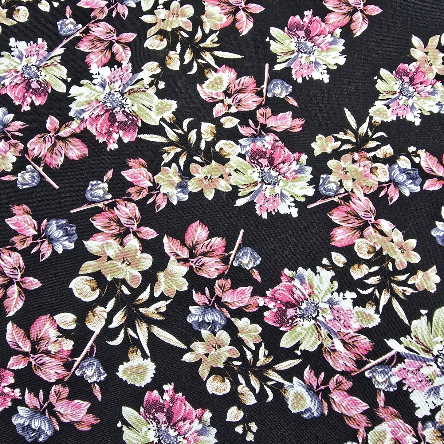 Black Rose Garden Floral Mix & Match Viscose Challis Print & Plain Fabric 58" By The Meter – Soft Lightweight Fabric