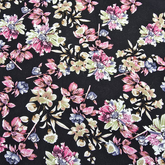 Black Rose Garden Floral Mix & Match Viscose Challis Print & Plain Fabric 58" By The Meter – Soft Lightweight Fabric