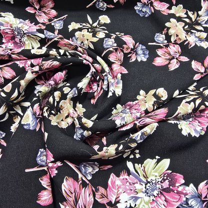 Black Rose Garden Floral Mix & Match Viscose Challis Print & Plain Fabric 58" By The Meter – Soft Lightweight Fabric