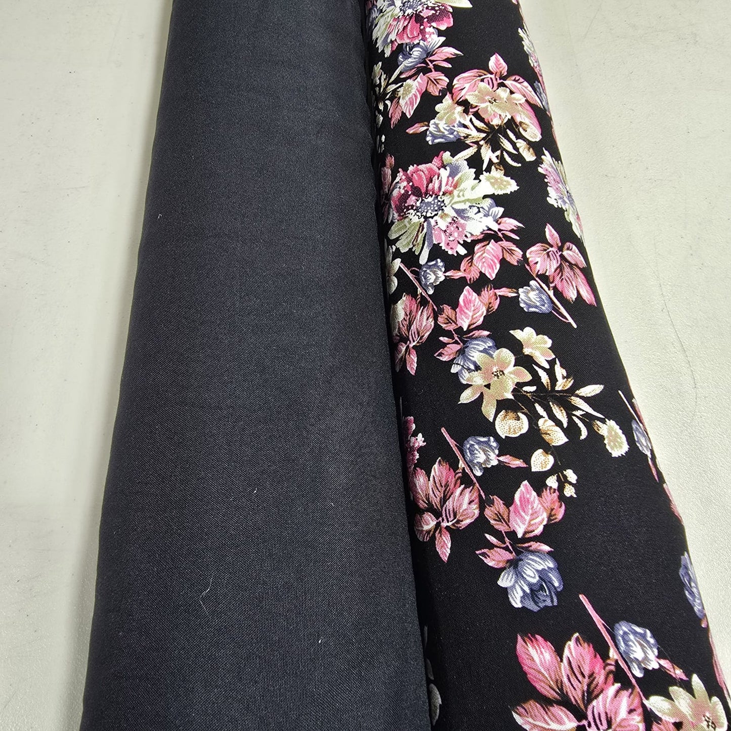 Black Rose Garden Floral Mix & Match Viscose Challis Print & Plain Fabric 58" By The Meter – Soft Lightweight Fabric