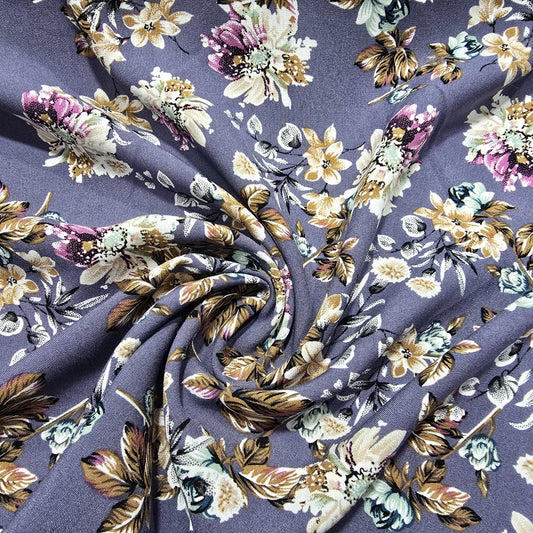 Lavender Rose Garden Floral Mix & Match Viscose Challis Print & Plain Fabric 58" By The Meter – Soft Lightweight Fabric