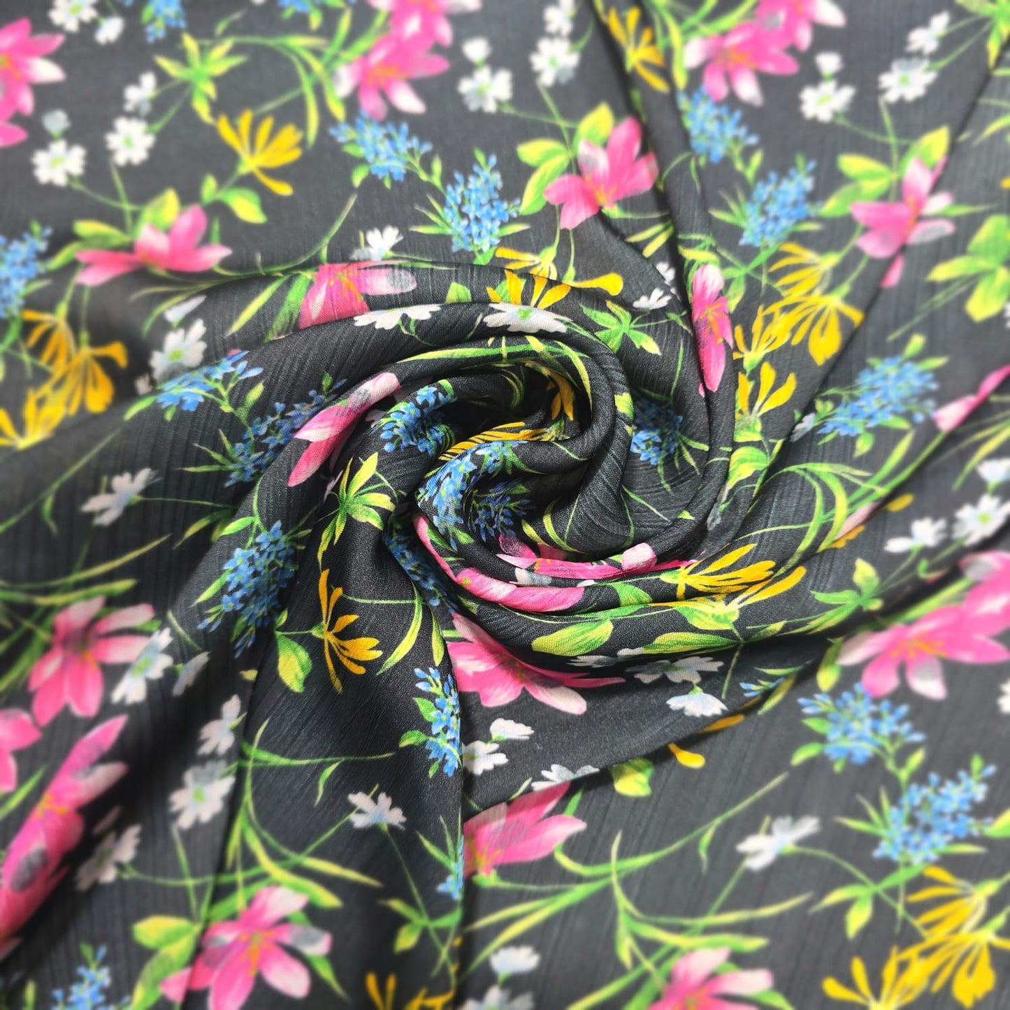 Black Floral Garden Yoryu Crinkle Satin Fabric – 58" Wide By The Meter