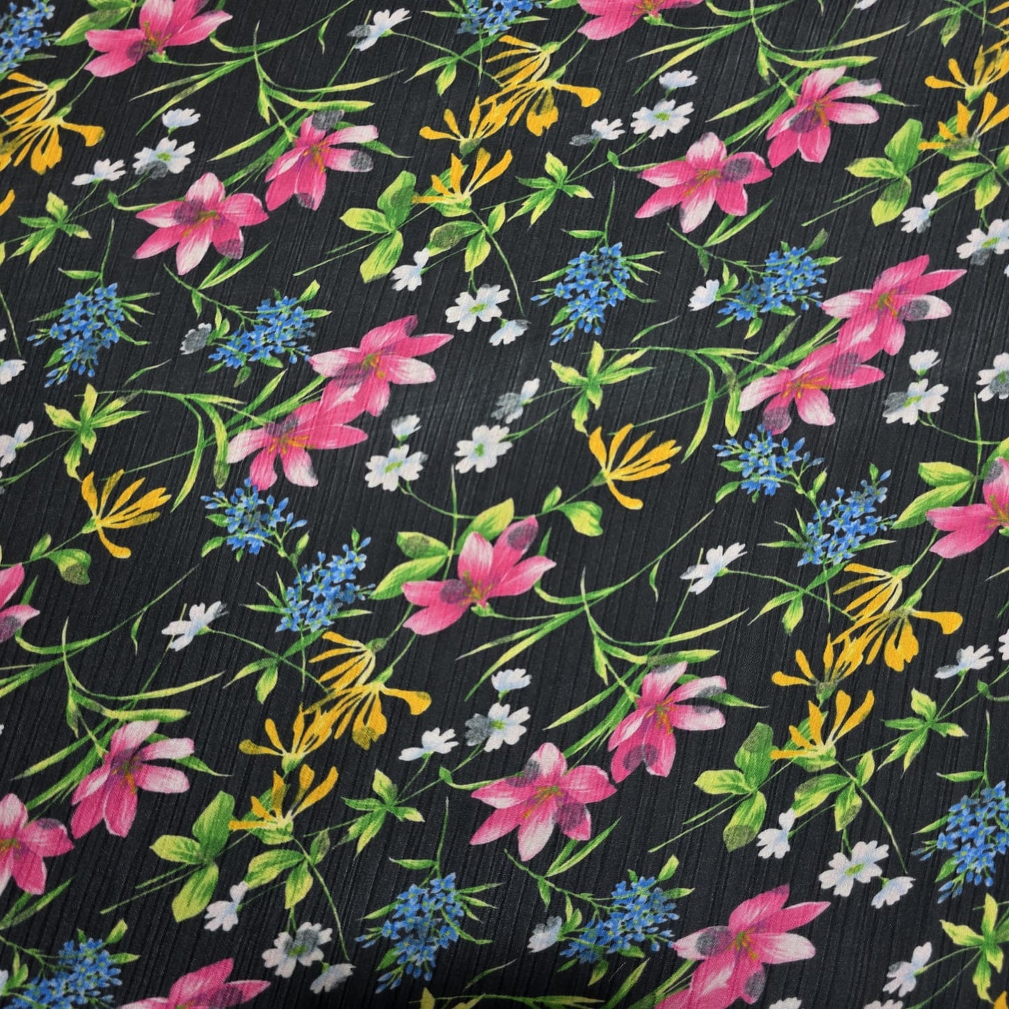 Black Floral Garden Yoryu Crinkle Satin Fabric – 58" Wide By The Meter