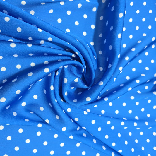 Blue White Spot Print Polka Dot & Floral Yoryu Crinkle Satin Fabric – 58" Wide