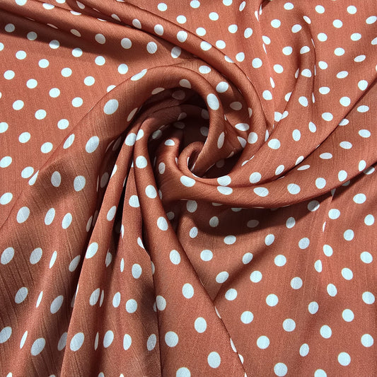 Rust White Spot Print Polka Dot & Floral Yoryu Crinkle Satin Fabric – 58" Wide