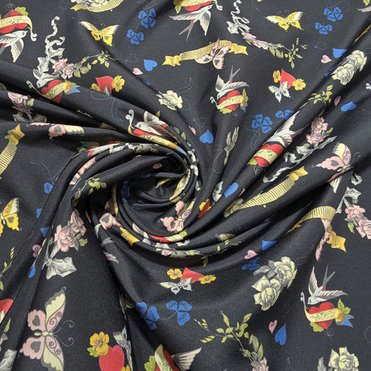 Black Swallow & Heart Floral Polyester Crepe Fabric – 58" Wide – Sold By The Metre