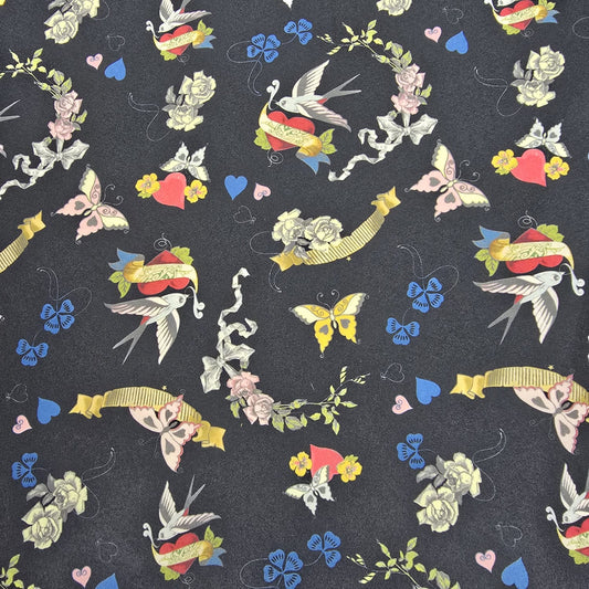 Black Swallow & Heart Floral Polyester Crepe Fabric – 58" Wide – Sold By The Metre