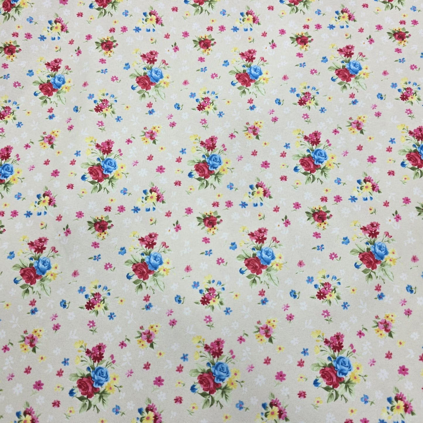 Cream Ditsy Rose Floral Print Polyester Crepe Fabric – 58" Wide – Sold By The Meter