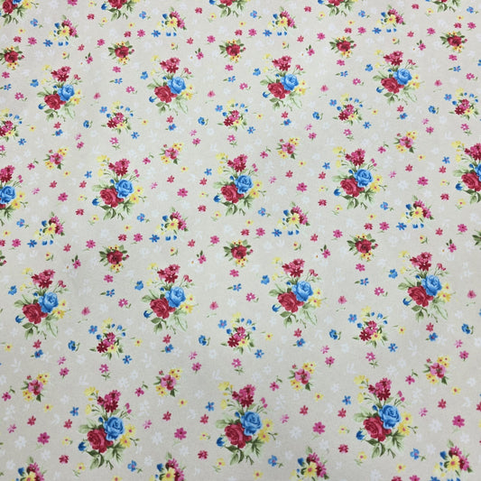 Cream Ditsy Rose Floral Print Polyester Crepe Fabric – 58" Wide – Sold By The Meter