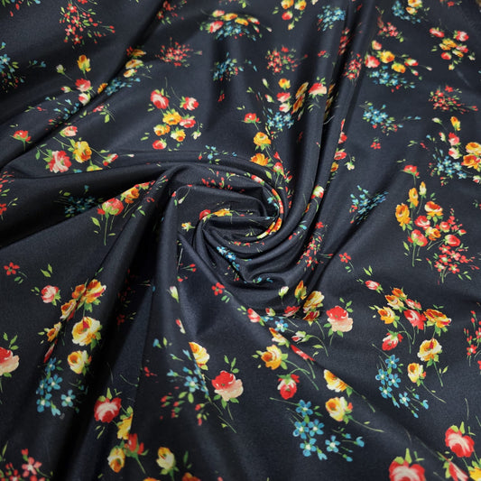 Black Rose Bouquet Floral Polyester Crepe Fabric – 58" Wide – Sold By The Meter