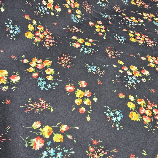 Black Rose Bouquet Floral Polyester Crepe Fabric – 58" Wide – Sold By The Meter