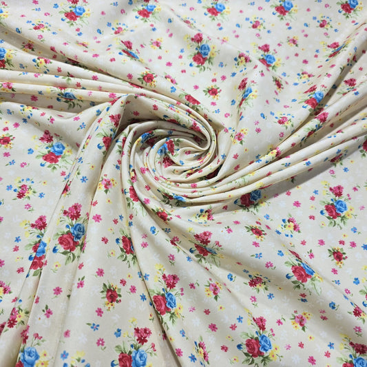 Cream Ditsy Rose Floral Print Polyester Crepe Fabric – 58" Wide – Sold By The Meter
