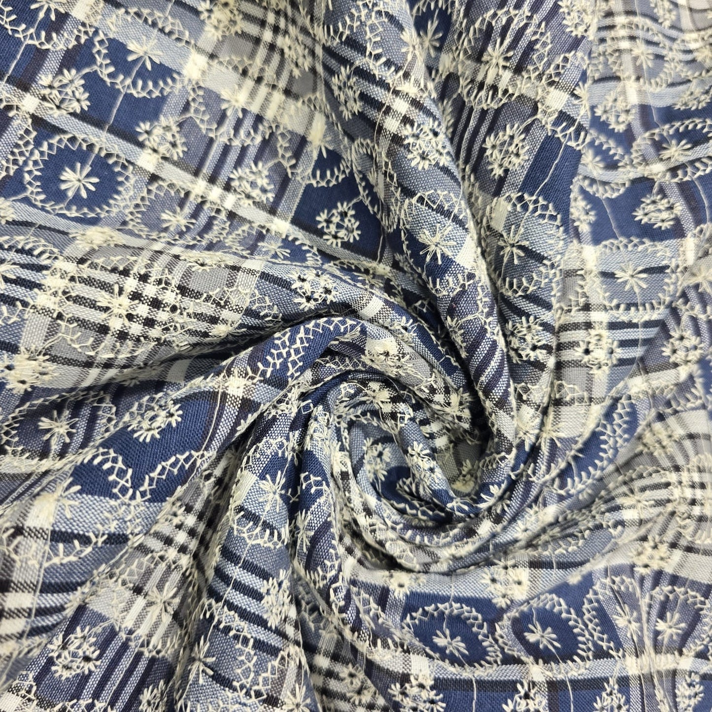 New Blue Checked Embroidered Cotton Fabric 44" Wide | Floral Broderie Dressmaking, Craft & Home Décor Material by the Metre