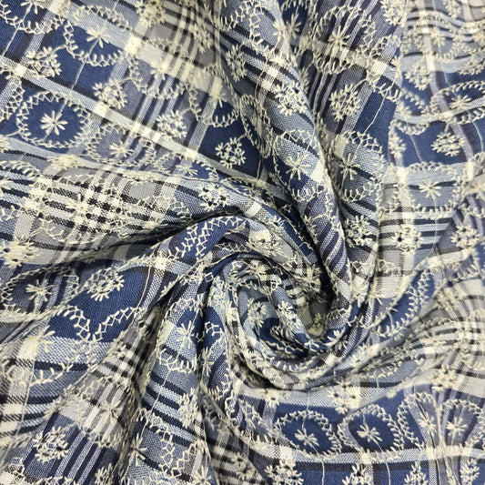 New Blue Checked Embroidered Cotton Fabric 44" Wide | Floral Broderie Dressmaking, Craft & Home Décor Material by the Metre